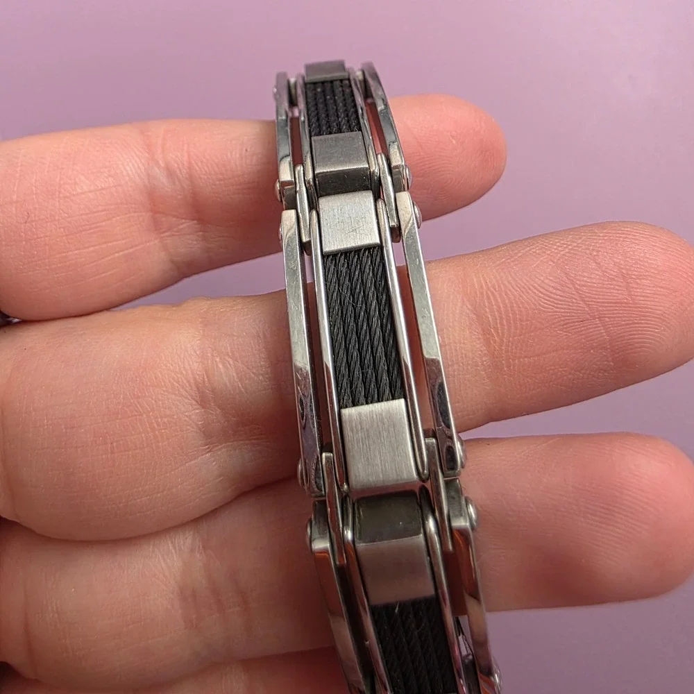 Mens Stainless Steel Black Cable Inset Link Bracelet Silver Tone Industrial Styl